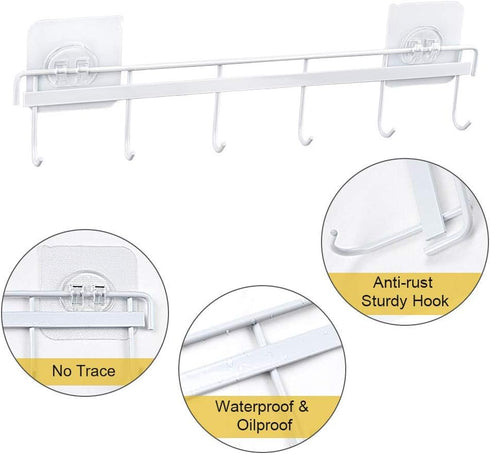 YiZhi Adhesive Wall Hooks Rack Kitchen Rail, Space Saving Utensil Holder No Drilling Wall Mounted Accessory Hanger with 6 Hooks for Kitchen Bathro...