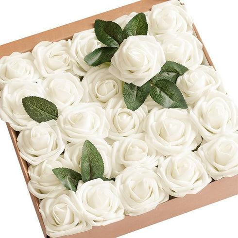 Ling's moment Artificial Flowers 25Pcs Ivory Roses Decor w/Stems,3" Real Touch DIY Foam Floral for Wedding Bouquet/Centerpieces, Outdoors Party Ba...