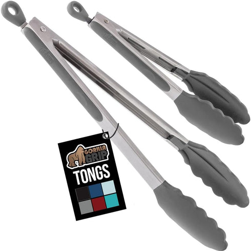 GORILLA GRIP Stainless Steel Heat Resistant Kitchen Tongs for Cooking, 9 + 12 Inch, Set of 2 BBQ Tong, Non Scratch Silicone Tip for Pan, Strong Gr...