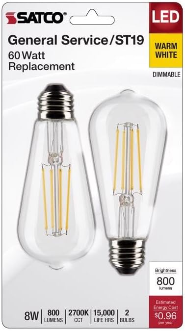 Satco S21870 8 Watt ST19 LED Bulb, Clear: Medium Base, 2700K, 800 Lumens, 2-Pack...