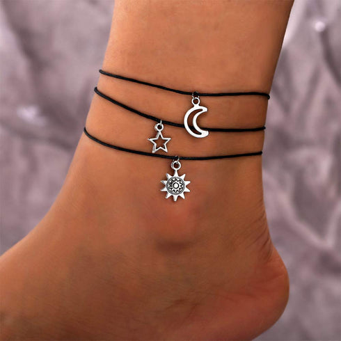 Bohemian Leather Anklet Sun Star Moon Foot Chain 3 Pcs Beach Wedding Jewelry Boho Ankle Bracelet for Women and Girls...