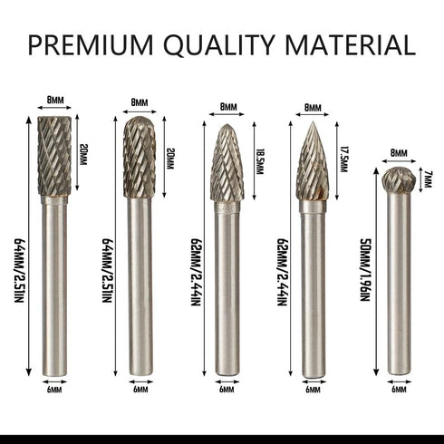 5pcs 1/4" Shank Diamond Burr Bits Set for Rotary Tool, 6x8mm Tungsten Carbide Rotary Files for Woodworking/Drilling/Carving/Engraving/Grinding (Si...