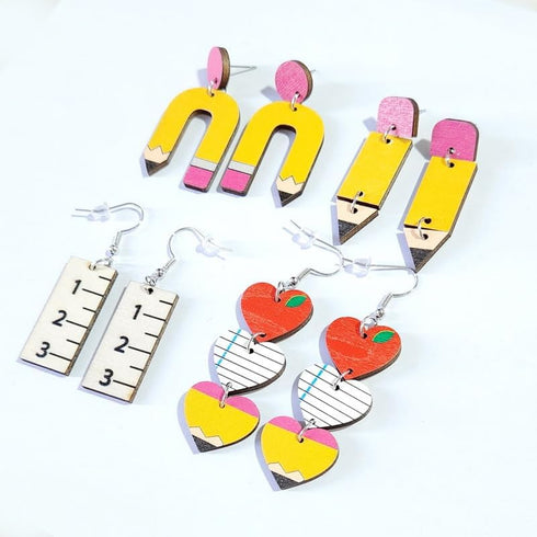 Teacher Stud Earrings Set Colorful Crayon Pencil Ruler Heart Shape Teacher's Gift Rainbow Dangle Earrings Bulk Wooden Jewelry for Women for school...