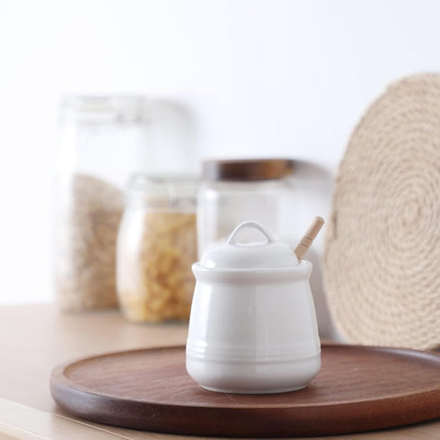 HAOTOP Ceramic Honey pot with Lid and Honey Dipper,Porcelain Honey Jar Easy to Clean and Dishwasher Safe,12oz (White)...