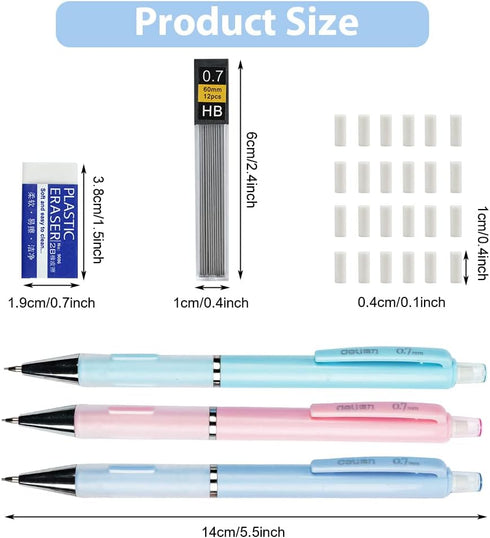 AUAUY 3 PCS Pastel Mechanical Pencil Set, 0.7 mm Cute Candy Colors Mechanical Pencil with 6 Tubes HB Lead Refills, 3 PCS Erasers and 24 PCS Eraser...