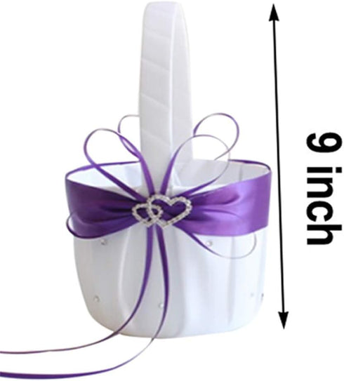 2PCS Purple Flower Girl Basket Double Heart Rhinestone Elegant For Wedding Ceremony Party Favor...