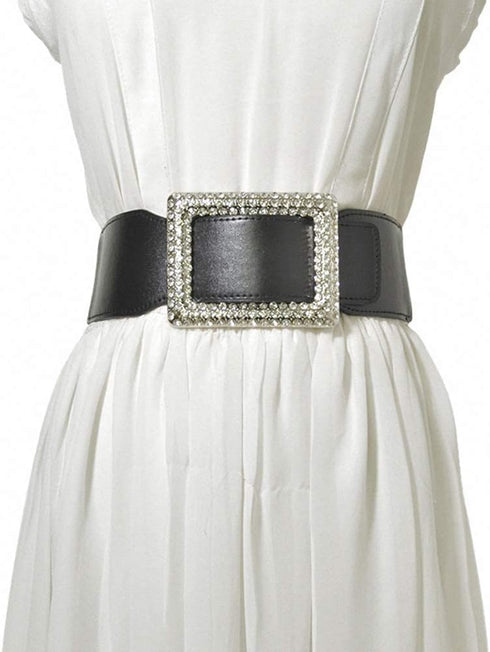 Belts for Women with Big Rhinestone Square Buckle -Wide Elastic Waist Dressy Strentch Waistbands Belt...