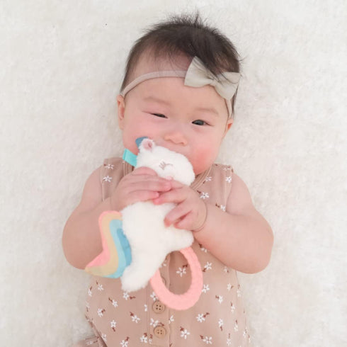Itzy Ritzy - Ritzy Rattle Pal with Teether - Baby Teething Toy Features A Minky Plush Character, Gentle Rattle Sound & Soft Teether Toy for Newbor...