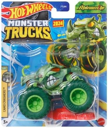 Hot Wheels Monster Trucks New for 2024 1:64 Scale (Green Rhinomite 3/4 Camo Crashers)...