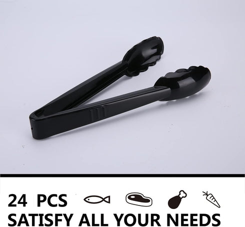24 Pieces Plastic Salad Tongs, Black Kitchen Serving Tongs, 9 Inch Disposable Utensils Set, Heavy Duty Scalloped, Perfect for Buffets and BBQ, Foo...