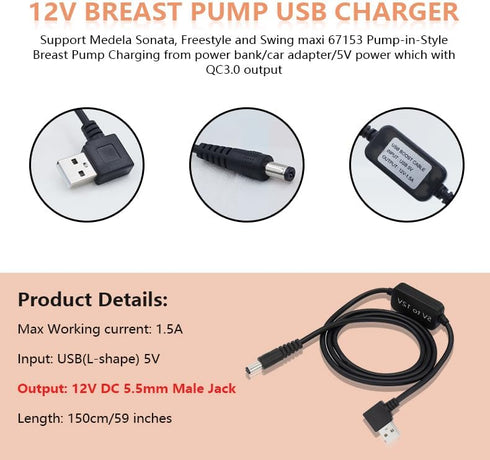 12 Volt USB Car Adapter for Medela Sonata, Ameda Purely Yours 12V, Spectra S1 S2 and Lactina Hygeia EnJoye Breast Pump Replaces Part?Easy to Carry...
