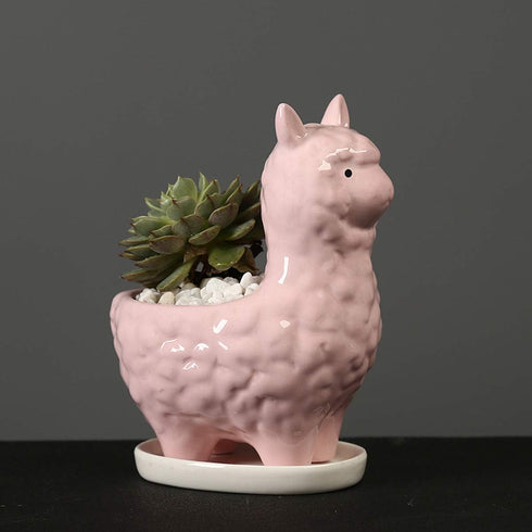 Lependor Cute Llama Succulent Planter Pot with Drainage Tray, White Ceramic Cactus/Flower Container, Animal Alpaca Bonsai Holder for Indoor Plants...