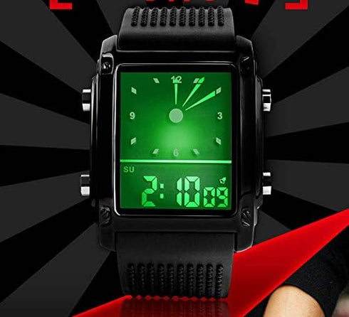 FANMIS Men's Waterproof Rectangle Dial Analog Digital Wrist Watch with Five LED Backlight Color Black...