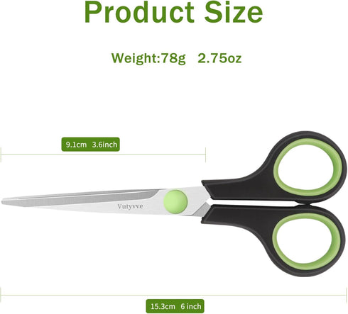 Scissors, Stainless Steel Blades Soft Grip for Home, School, Office, Black and Green, 6 inch...