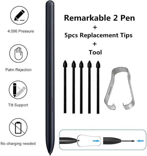 Stylus Pen for Remarkable 2 Tablet with 5 Pen Tips,4096 Pressure-Sensitivity, Palm Rejection, tilt Writing Capabilities(no Eraser) (Black)...