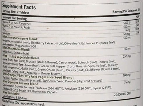 Brieofood Food Based Immune 90 Tablets - Natural Immune system booster...