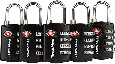 5 Pack TSA Luggage Locks with 4 Digit Combination – Heavy Duty Set Your Own Padlocks for Travel, Baggage, Suitcases & Backpacks - Black...