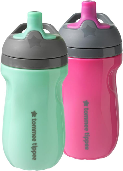 Tommee Tippee Insulated Sportee Bottle, 9oz, 12+ Months, Trainer Sippy Cup for Toddlers, Spill-Proof, Easy to Hold Handle, Pink & Mint, Pack of 2...