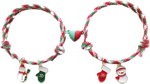 COLORFUL BLING 2Pcs Christmas Love Heart Attract Matching Bracelet Set Christmas Tree Snowman Santa Claus Deer Charms Adjustable Braided Rope for ...