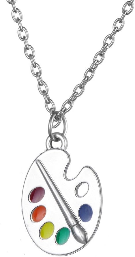 Trendy Enamel Artist Paint Palette and Brush with Thin Pendant Necklace Gifts Jewelry for Women & Girls...