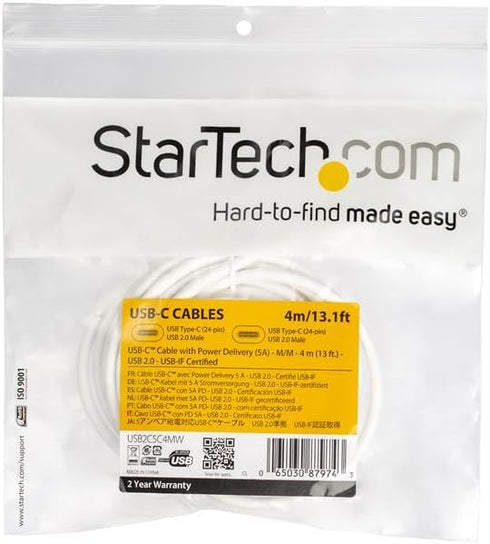 StarTech.com USB C to USB C Cable - 13 ft / 4m - 5A PD - M/M - White - USB 2.0 - USB-IF Certified - USB Type C Cable - USB C Charging Cable...