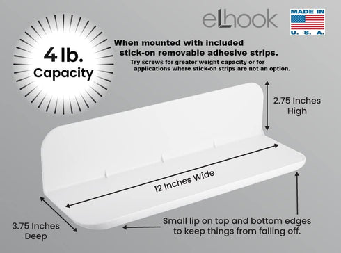 Made in USA White Stick-On Removable Adhesive Floating Wall Shelf Durable Textured ABS Injection Molded Plastic with Lipped Edges | Designed for S...