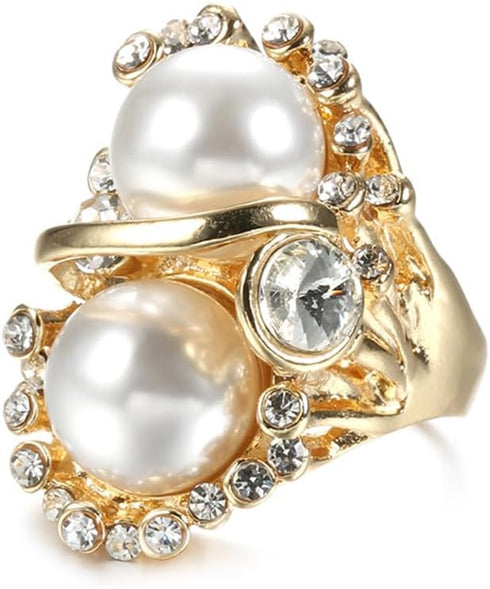 Boho CZ Pearl Statement Ring for Women Girls Golden Cubic Zirconia Imitation Pearls Finger Rings Comfort Fit Dainty Birthday Engagement Wedding An...