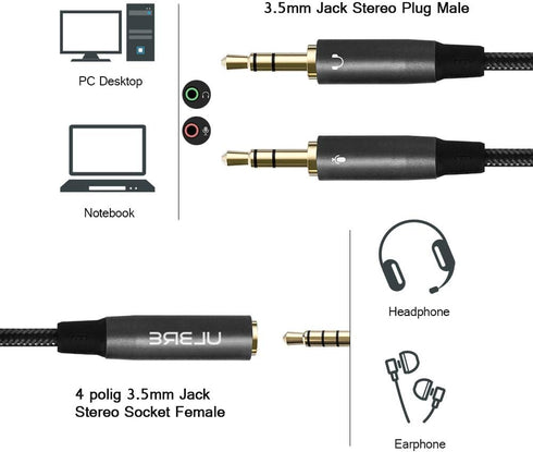 Headphone Splitter for Computer 3.5mm Female to 2 Dual 3.5mm Male Headphone Mic Audio Y Splitter Cable Microphone Stereo Jack Earphones Port Cord ...