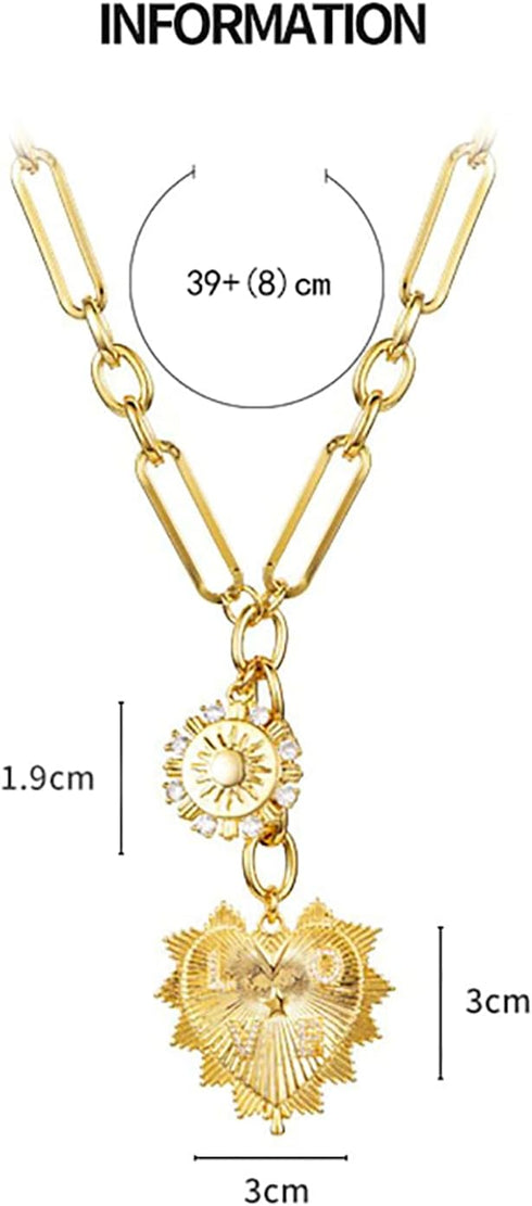 Sun Heart Charm Choker Necklace for Women Men,18k Gold Plated With Zircons Inlaid Pendants,Thick Chunky Paperclip Chain Hip Hop Necklace Unisex Je...