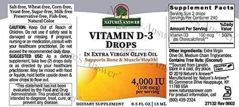 Nature's Answer Vitamin D-3 Drops | Blended with Extra Virgin Gold Olive Oil | Quickly Absorbed into Body | No Fillers, No Soy, Yeast Sugar, Milk ...