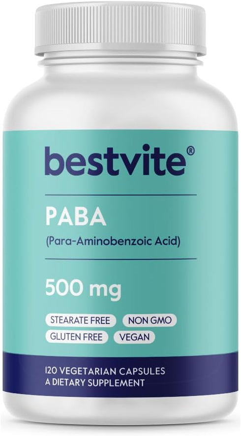 BESTVITE PABA 500mg (120 Vegetarian Capsules) (Para-Aminobenzoic Acid) - No Stearates - Vegan - Non GMO - Gluten Free...