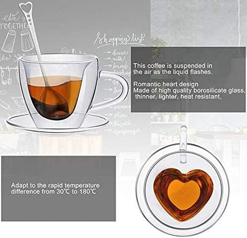 Patelai Heart Shaped Double Walled Glass Insulated Coffee Mug Clear Tea Cup 180 Ml, 6 oz Cappuccino Cup with Saucer and Heart Shaped Coffee Spoons...