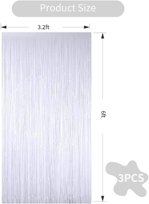 3Pcs White Metallic Tinsel Foil Fringe Curtains, 3.28ft x 6.56ft White Photo Booth Backdrop Streamer Curtain,Photo Booth Props, Bachelorette Party...