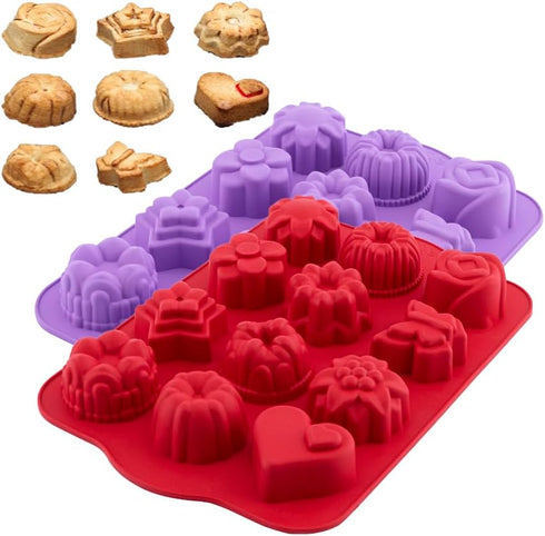 Food Grade Silicone Cake Mold, Muffin Baking Pan with 12 Cavity Flowers and Heart Shape Non-Stick 2-Pack Silicone Bakeware for Chocolate, Cupcake,...