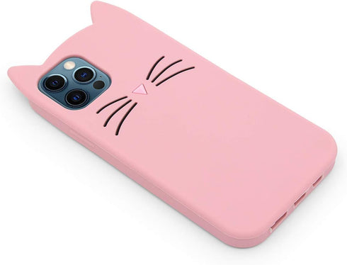 Cute iPhone 12 Pro Max case, Pink Whisker Cat Ears Kitty Case, Funny 3D Cartoon Animals Kitten Soft Silicone Shockproof Slim Fit Back Cover Cases ...