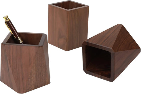 Black Walnut Wooden Pencil Box, Multiple-Use Desk Writing Stationary Organizer Wood Pen Holder Cups Office School Supplies Storage (Prismatic Shap...