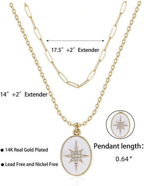 14K Gold Plated Sun Coin Pendant Necklace for Women, Layered Paperclip Necklaces, Bohemian Birthstone Zirconia, Jewelry gift for Graduation/Birthd...