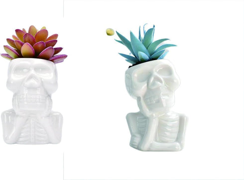 2Packs Humanoid Skull Skeleton Man Ceramic Plant Flower Pot, Creative Decorative White Mini Succulent Planter Ceramic Pot/Saucer Have Drainage Hol...