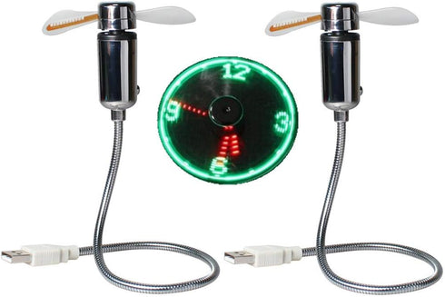 DECVO USB LED Clock Fan 90mm USB-Powered Portable Mobile USB Fan with Clock, LED Light Time (2 PACK)...