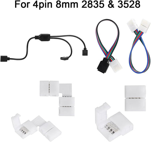 SUPERNIGHT 3528 2835 4 Pin 8mm LED Strip Connector, RGB Rope Lights Connector Kit, Gapless Solderless Clip, 32.8ft Extension Wire Cable, L Shape P...