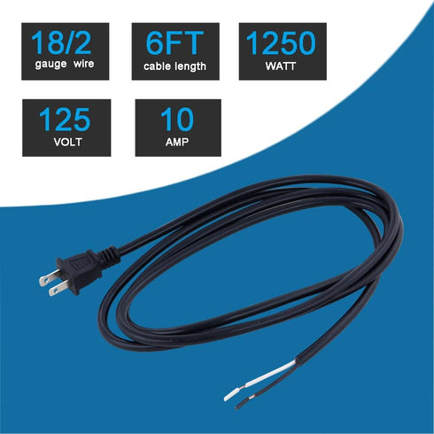 18AWG Replacement Power Cord Round Cable 2 Prong Polarized Plug 18 Gauge 120V Power Supply Cord SJT 18AWG 6 Foot Pigtail 2 Wire Stripped Off 10A 1...