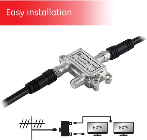 GE 2-Way Coaxial Cable Splitter, 5-900 Mhz Range, RG59 RG6 Coax Compatible, Audio, Video, Works with HD TV, Cable, Amplifiers, Amplified Antennas,...