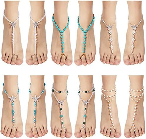 Hicarer 12 Pieces Feet Jewelry Barefoot Sandals Toe Rings Foot Chains Starfish Faux Pearls Elastic Beaded Turquoise Anklet Chains Jewelry with Rhi...