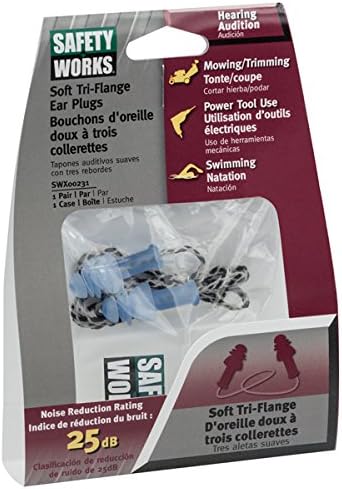 Safety Works SWX00231 Tri-Flange Ear Plugs with Case, Corded Reusable, NRR 25 DB...