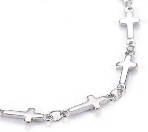 304 Stainless Steel Cross Link Anklet Lobster Flat Cross Silver Color 8.8" A48...
