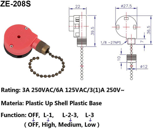 ZE-208s Ceiling Fan Switch, 3 Speed 4 Wire E89885 Pull Chain Switch Appliances Speed Control Ceiling Fan Replacement Part (Bronze Chain)...