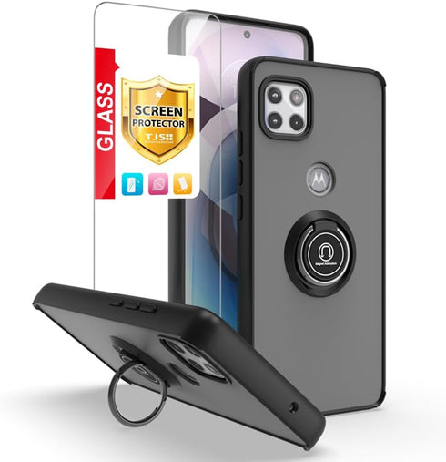 TJS Compatible with Motorola Moto One 5G Ace 2021 Case, Moto G 5G 2021 Case, with Tempered Glass Screen Protector Metal Ring Magnetic Support Kick...