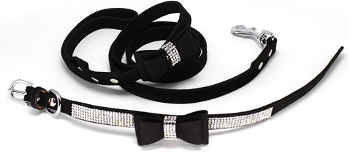 Dazzling Rhinestone Dog Collar with Soft Fabric and Crystal Bow Tie - Elegant and Glamorous Puppy Collars for Small Dogs with Leash in Black XXS...