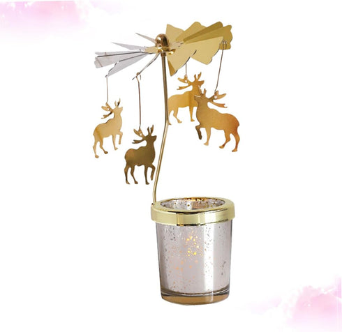 Rotating Candlestick Holder Christmas Carousel Spinning Deer Tea Light Holder Table Decoration (Gold)...