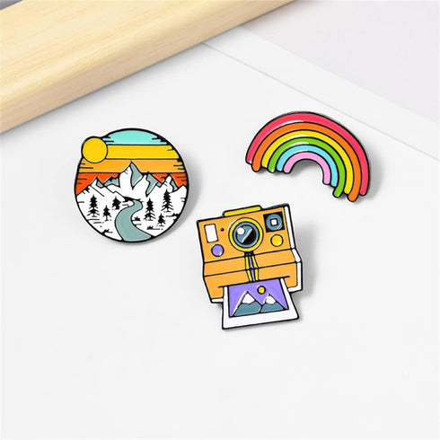 3Pcs Rainbow Brooches Landscape Camera Enamel Lapel Pins Outdoors Camping Travel Camp Lapel Pins Cartoon Brooches Badges Fashion Gifts for DIY Bac...